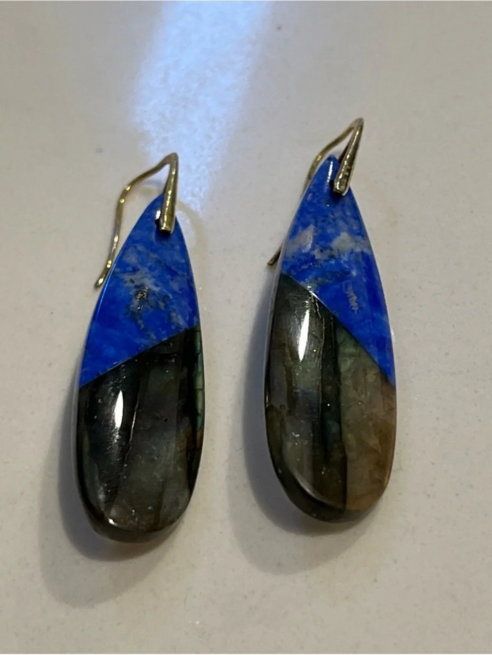 Natural Labradorite Lapis Lazuli Earrings 925 Sterling Gold Plat Dangle Tear Drp